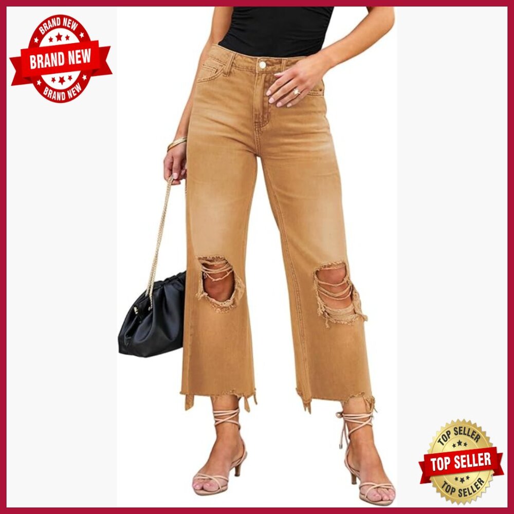 High Waisted Ripped Flare Jeans, Distressed Casual Pants, Regular Fit